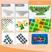 Stacking game block size guide showing small, medium, and large multicolor pieces