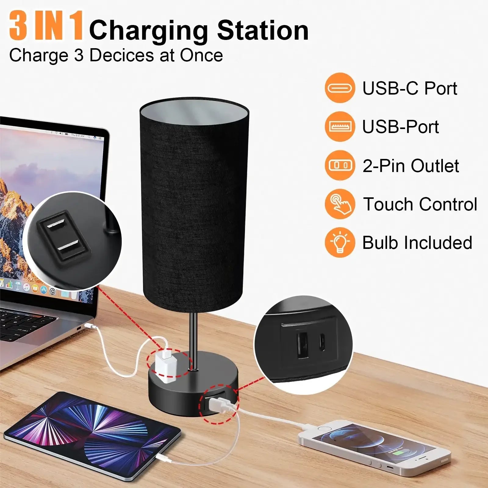 Table Lamps for Bedroom, 3 Way Dimmable Touch Control Bedside Lamp with USB C+A Fast Charging Ports, Nightstand Lamp for Office, Living Room, Reading(E26 Light Bulb Included) - USA MEGA SHOP