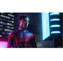 Spider-Man Miles Morales character artwork with neon web patterns in futuristic room