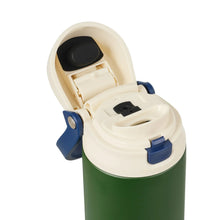 Opened lid and straw chute on an army green stainless steel 2-in-1 water bottle