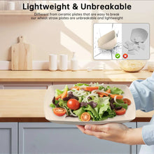 Beige wheat straw square dinnerware set held in a hand with a serving plate