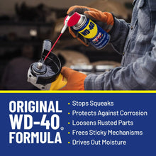 WD-40 Original Formula features list on blue panel: stops squeaks, corrosion protection
