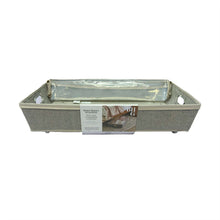 Gray rolling storage bin with open top and zipper, shown with product insert card