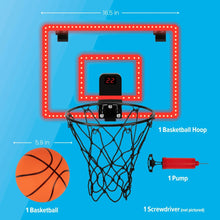 Over-the-Door basketball hoop with glowing LED backboard, net, and orange basketball