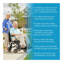 Blue transport wheelchair with black cushioned seat and back, swing-away footrests, on wheels