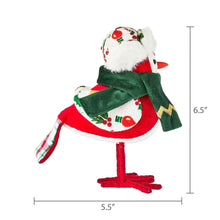 Fabric bird tabletop decoration with green scarf, red-and-white hat, size 6.5 in