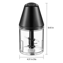Black electric food chopper with clear container and blade, illustrated with product dimensions