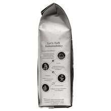 Dark roast whole bean coffee bag back, white panel with sustainability diagram