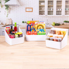 White plastic slanted storage bin holding pantry items