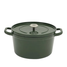 Dark green enamel cast iron Dutch oven with lid knob detail and side handles