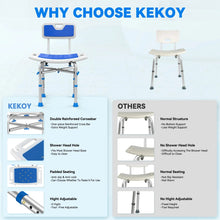 Shower chair with back and blue seat, height adjustable frame and reinforced crossbar