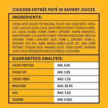 Chicken entrée pate in savory juices ingredients and guaranteed analysis panel