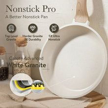 Large white nonstick granite frying pan with wood handle and interior cooking surface