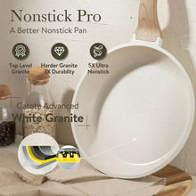 White granite nonstick skillet with wooden handle, large circular cooking surface