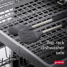 Dishwasher-safe stainless steel turner and spoon with nylon slotted heads