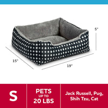Plush square pet bed with black diamond pattern sides and gray fuzzy inner cushion