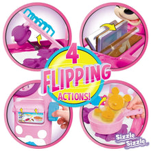 Pink pretend play kitchen set with flip compartments and toy food accessories