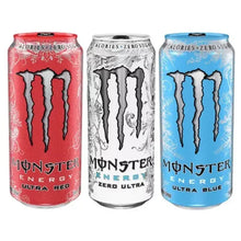 Monster Energy Ultra Red, Zero Ultra, and Ultra Blue cans