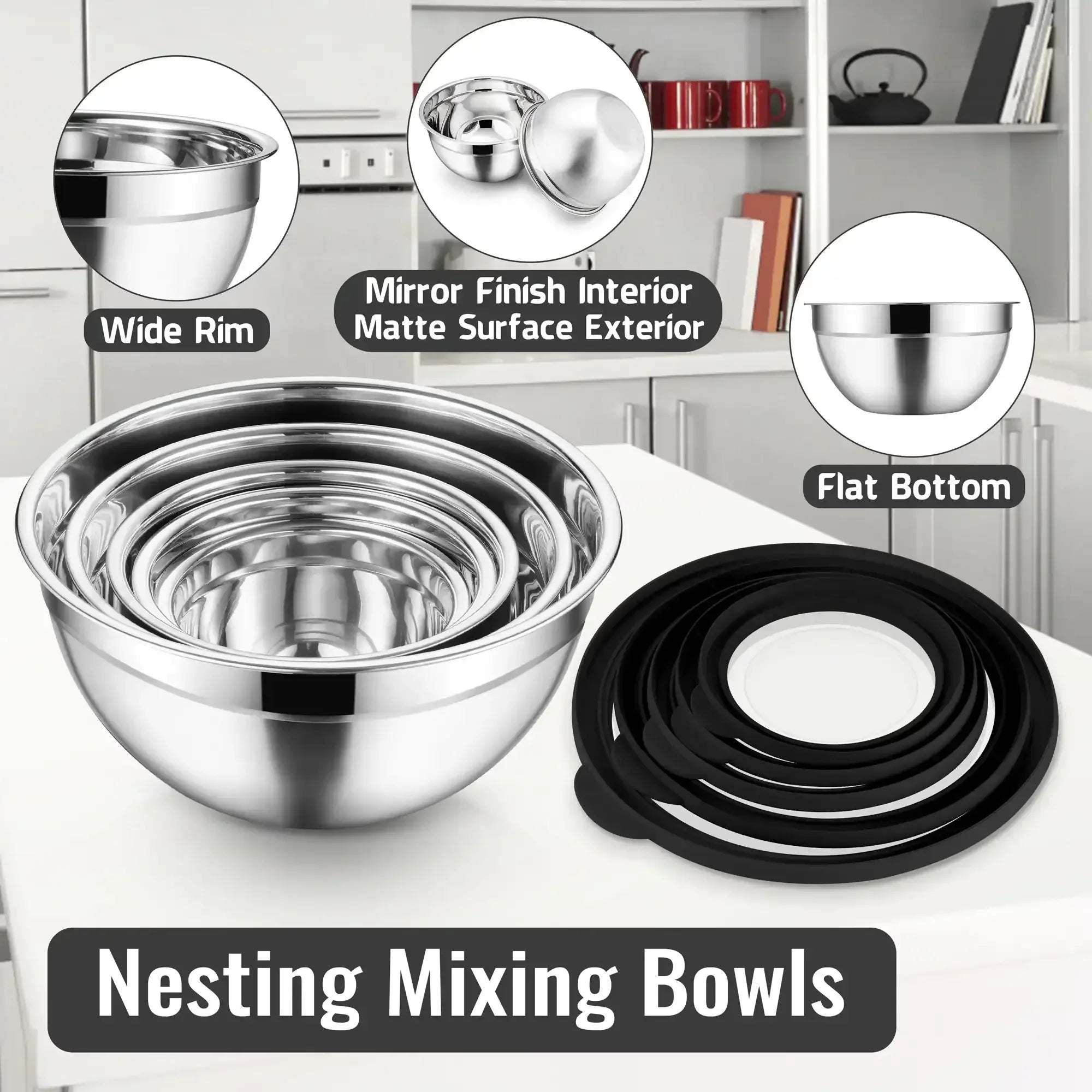 Vesteel Mixing Bowls with Lids Set of 8, Stainless Steel Prep Bowls with Upgraded Airtight Visible Lid, Metal Nesting Bowl Attach with 3 Graters for Kitchen Grating/ Shredding / Mixing - USA MEGA SHOP