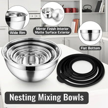 Stainless steel mixing bowl with clear lid; flat bottom and wide-rim design shown