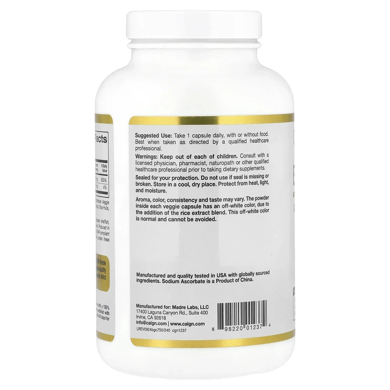 California Gold Nutrition Buffered Gold C, Gold Standard Sodium Ascorbate (Vitamin C), 60 Veggie Capsules