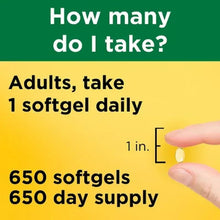 Vitamin D3 supplement ad with dosage text: 1 softgel daily, 650 softgels