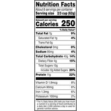 Nutrition Facts panel showing 250 calories, fat, carbs, sugar, and protein