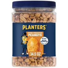 Honey roasted peanuts jar front label with 34.5 oz text