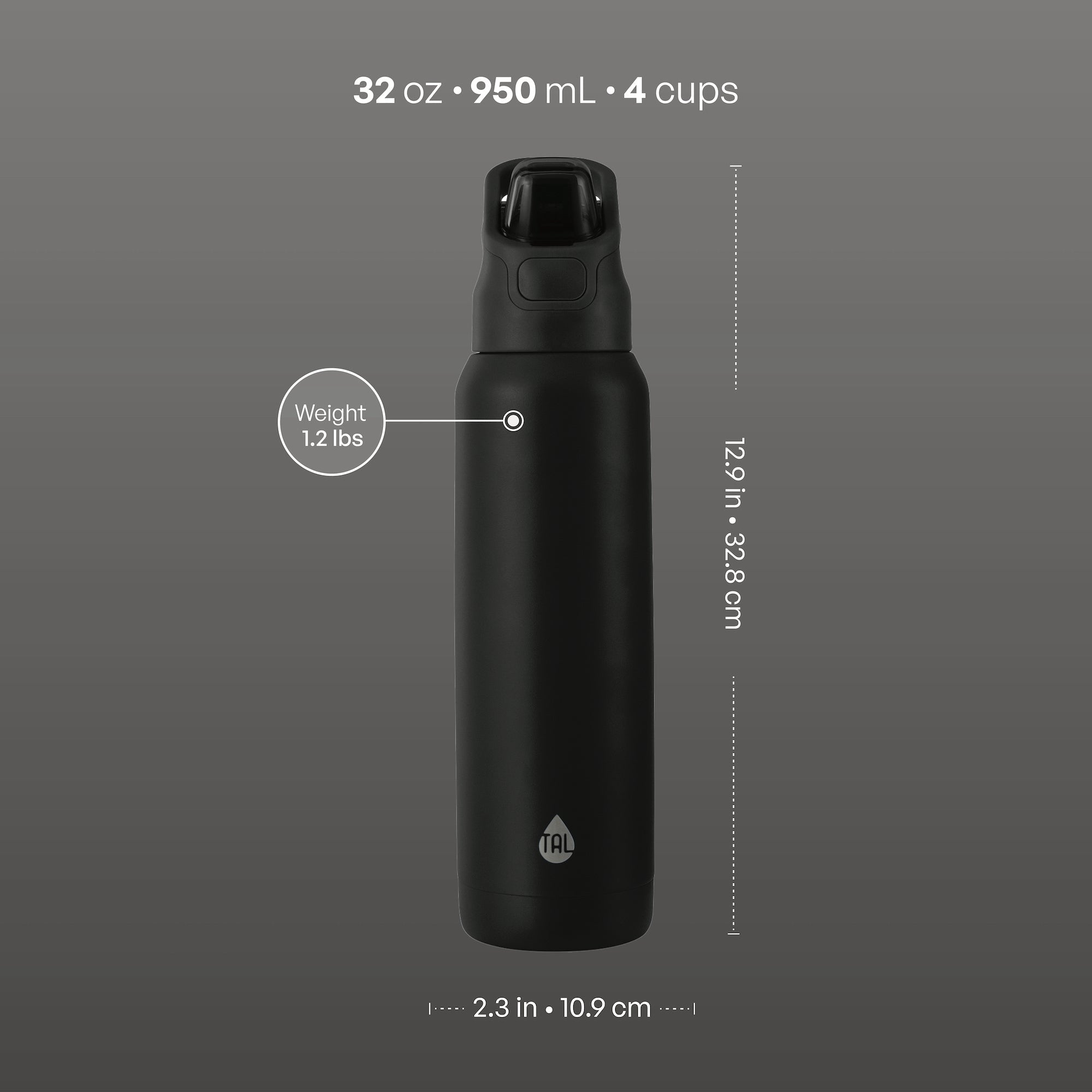 TAL 32oz Stainless Steel Dual Sport Water Bottle with Silicone Straw and Lock Lid, Black