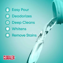 No-Splash bleach spout pouring with icons for Easy Pour, Deodorizes, Deep Cleans, Whitens