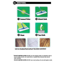 Mop accessory directions showing connect poles and attach cloth pad steps