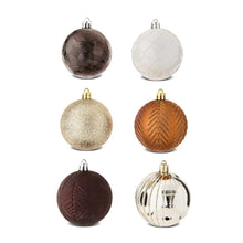 Set of shatterproof Christmas ball ornaments in dark brown, white, champagne, gold, and silver
