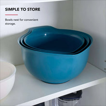 Agave teal nesting plastic mixing bowls set, stacked on a shelf