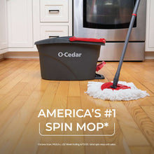 Gray mop bucket with red wringer and long handle, paired with a white microfiber pad