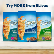 Three 9Lives cat food packages in front of display box, Daily Essentials shown