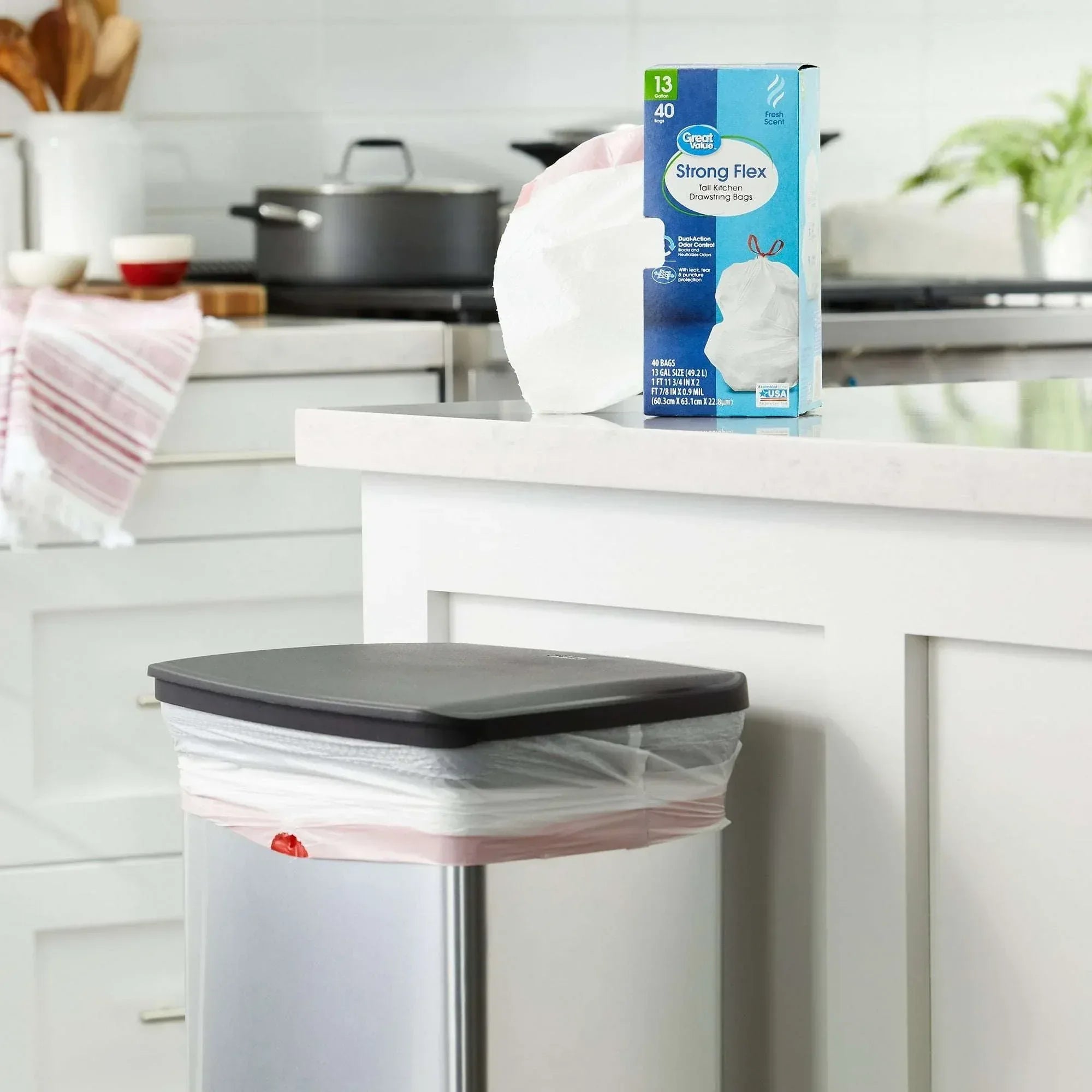 Great Value Strong Flex 13-Gallon Drawstring Tall Kitchen Trash Bags, Fresh Scent, 40 Bags - USA MEGA SHOP