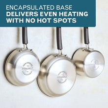 Hanging stainless steel pans with black heat-resistant handles
