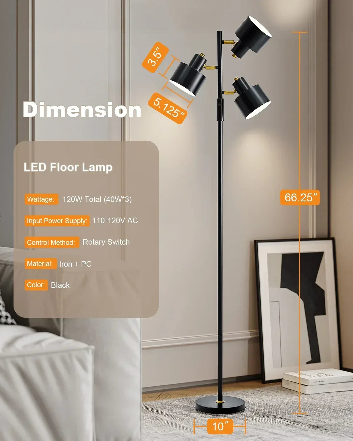 Yokila 66.25" 3 Light Modern Black Metal Floor Lamp for Living Room Bedroom Tall Standing Lamp with Rotary Switch for Home Office - USA MEGA SHOP
