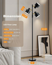 Black LED floor lamp with 3 spotlights, rotary switch, and 66.25 in height