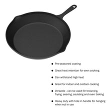 Black cast iron skillet with loop handle, pre-seasoned cooking surface