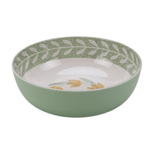 Green 5-compartment chip and dip tray with leafy pattern rim and yellow accents