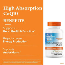 High Absorption CoQ10 benefits panel with bottle, orange header and blue label
