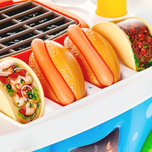 Plastic food cart playset with orange hotdogs and round side foods in tray