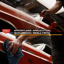 Car wash kit spray bottle and cloth polishing a car hood in a garage
