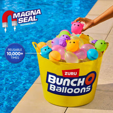 Reusable water balloons in a yellow tub: pink, green, purple, and blue balloons