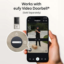 Keypad smart door lock with smartphone screen showing live view and compatibility note