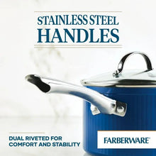 Stainless steel handle with dual rivets on blue nonstick pot with lid