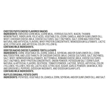 Ingredients label text listing components for Cheetos Puffs, Doritos, and Ruffles