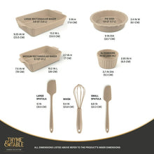 Ceramic bakeware set dimension diagram with utensil size labels