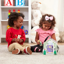 Wooden dollhouse toy with two kids playing and holding poseable dolls